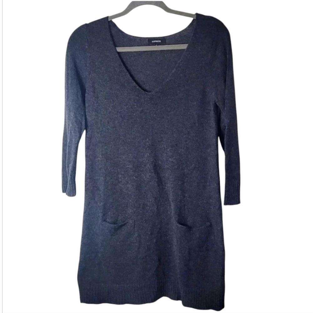 EXPRESS Women's Sweatwr Dress, V-Neck Long Sleeve, Front Pockets, Mini. Small